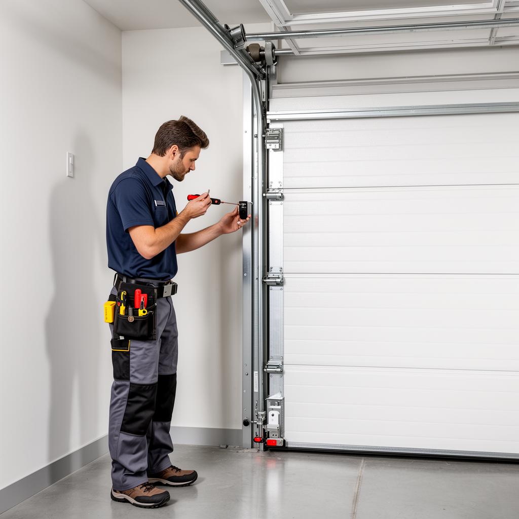 Garage Door Manning technician diagnosing garage door sensor alignment