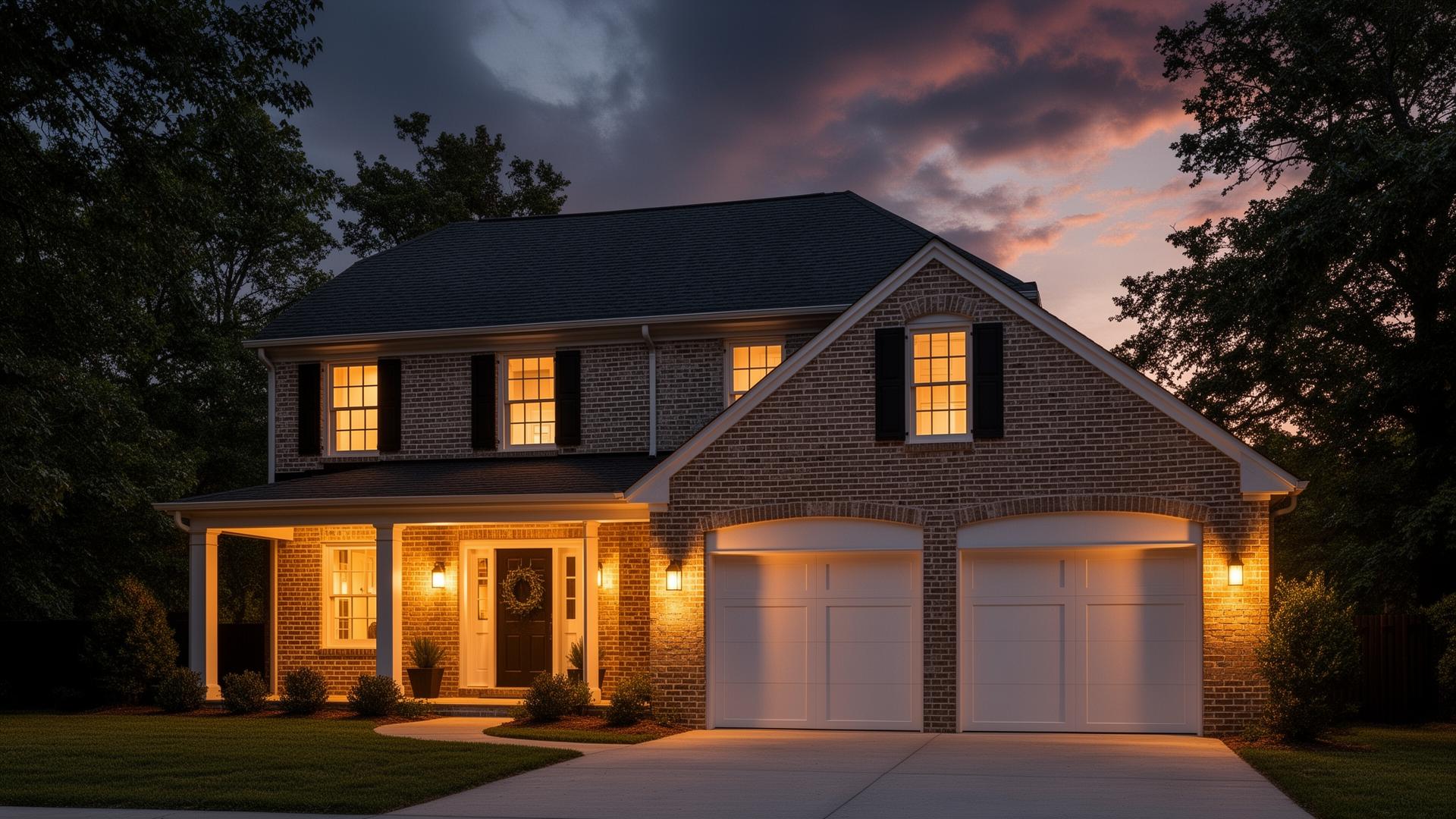 Modern residential home with elegant flush panel garage doors at dusk
