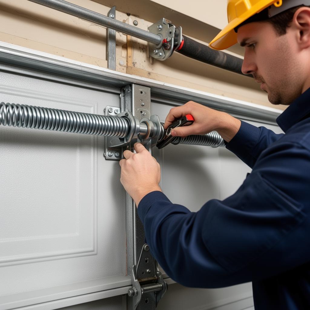 Technician repairing garage door torsion spring